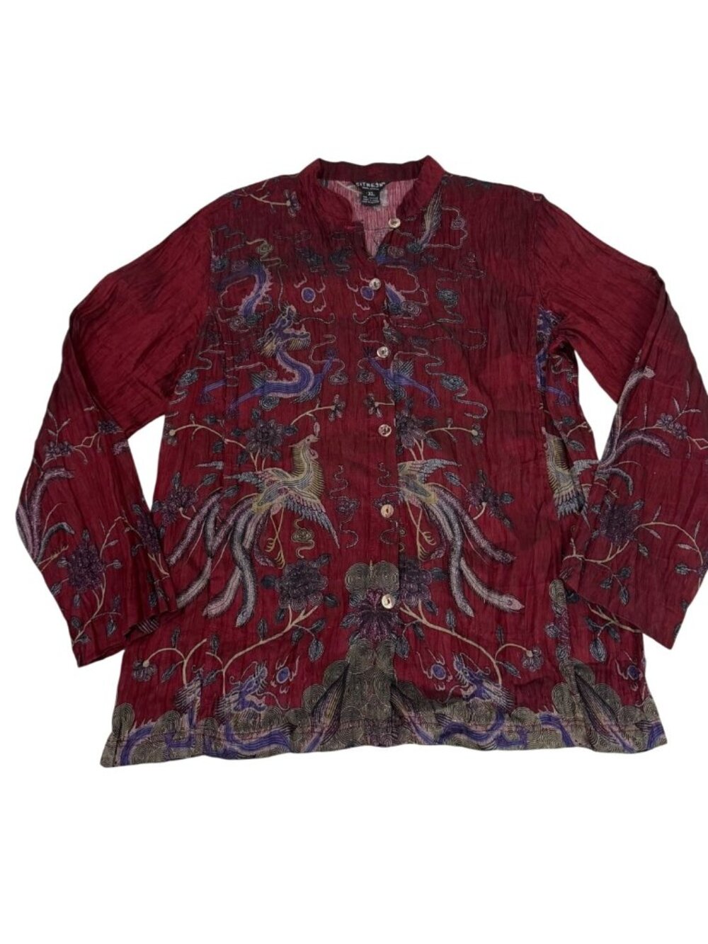 Citron Santa Monica Red Linen Mandarin Collar Button Blouse Dragon Bird Print XL